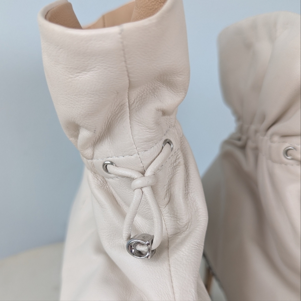 Coach Women's Wynie Off White Leather Drawstring Studded Ankle Boots - Picture 7 of 15